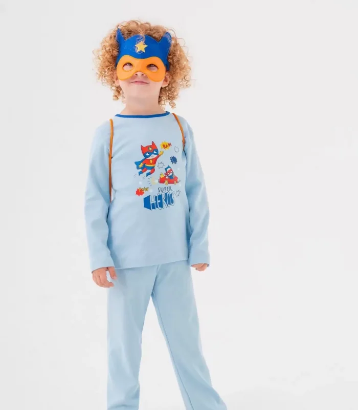 4-7 Yaş Süper Heros Çanta Ve Maskeli Erkek Çocuk Pijama Takımı Mavi
