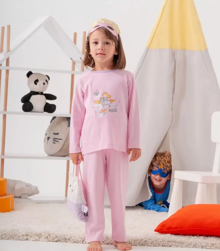 4-7 Yaş  Unicorn Çanta Ve Maskeli Kız Çocuk Pijama Takımı Pembe