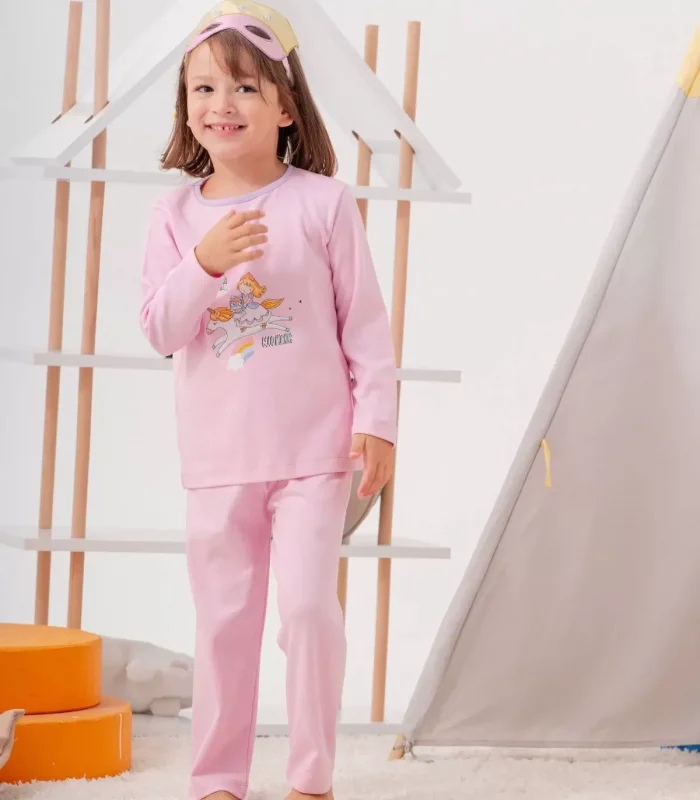 4-7 Yaş  Unicorn Çanta Ve Maskeli Kız Çocuk Pijama Takımı Pembe