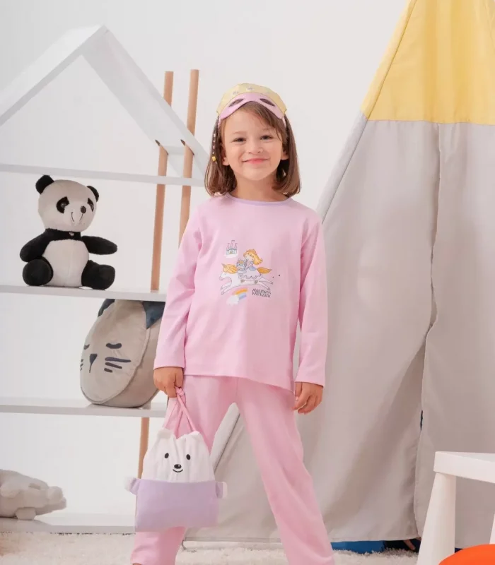 4-7 Yaş  Unicorn Çanta Ve Maskeli Kız Çocuk Pijama Takımı Pembe