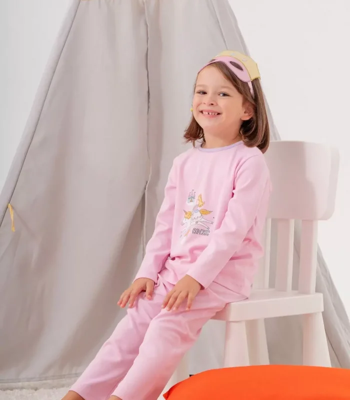 4-7 Yaş  Unicorn Çanta Ve Maskeli Kız Çocuk Pijama Takımı Pembe