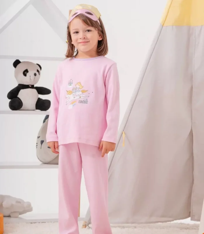 4-7 Yaş  Unicorn Çanta Ve Maskeli Kız Çocuk Pijama Takımı Pembe