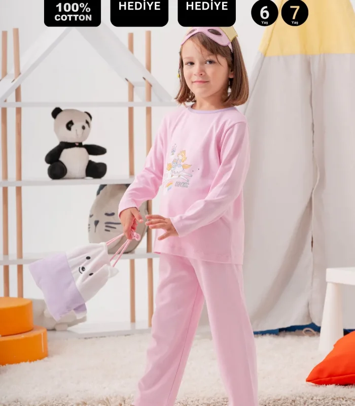 4-7 Yaş  Unicorn Çanta Ve Maskeli Kız Çocuk Pijama Takımı Pembe
