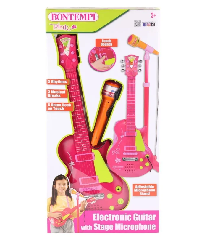 45872  Elektronik Gitar Ayaklı Mikrofon Müzik Seti Pembe -Sunman
