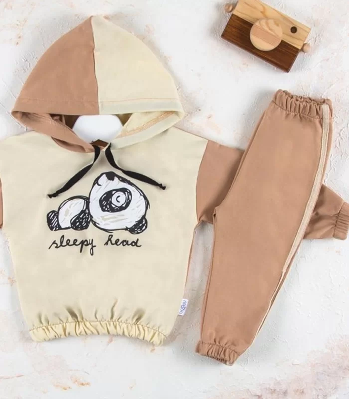 6-24 Ay Erkek Bebek Takımı Panda Kapişonlu Krem