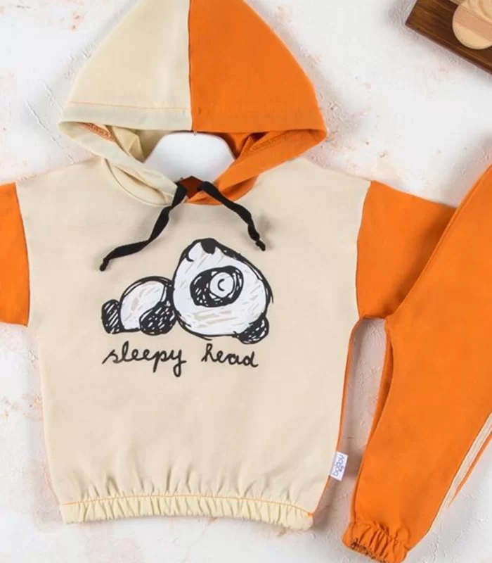 6-24 Ay Erkek Bebek Takımı Panda Kapişonlu Turuncu