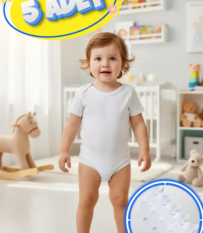 Büyük Beden 5’li Kısa Kol Body Zıbın Beyaz – Pamuklu, Alttan Çıtçıtlı, Rahat, Özel Çocuklara Uygun