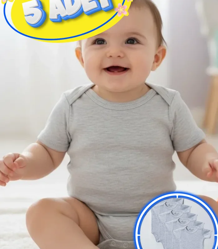 Büyük Beden 5’li Kısa Kol Body Zıbın Gri – Pamuklu, Alttan Çıtçıtlı, Rahat, Çocuklara Uygun