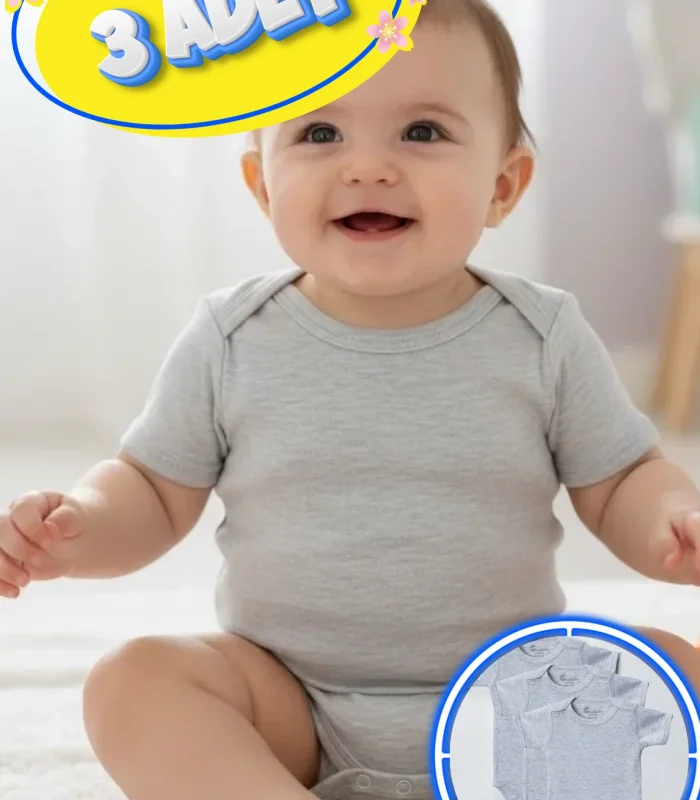 3’lü Kısa Kol Büyük Beden Body Zıbın Gri – Pamuklu, Alttan Çıtçıtlı, Rahat, Çocuklar İçin