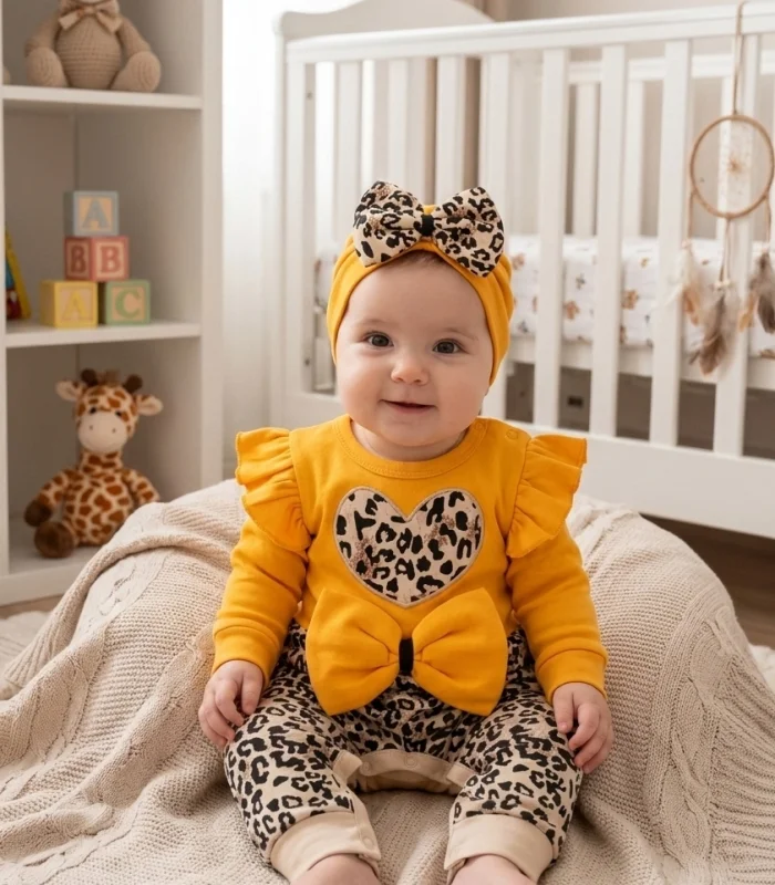 3-9 Ay Kız Bebek Tulum Leopar Fiyonklu Sarı