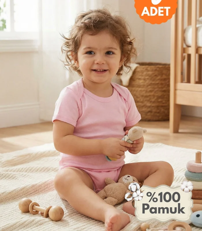 Büyük Beden Çocuk Body Zıbın 5li Set 2-12 Yaş %100 Pamuk Alttan Çıtçıtlı Kısa Kol Pembe