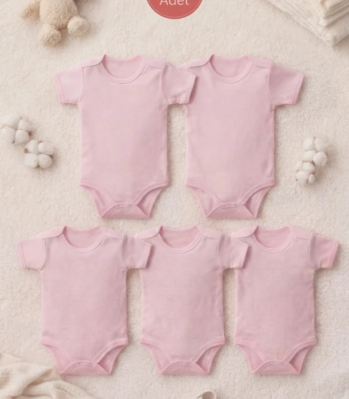 2-12 Yaş 5li Çocuk Body Zıbın Rahat Büyük Beden %100 Pamuk Alttan Çıtçıtlı Kısa Kol Pembe