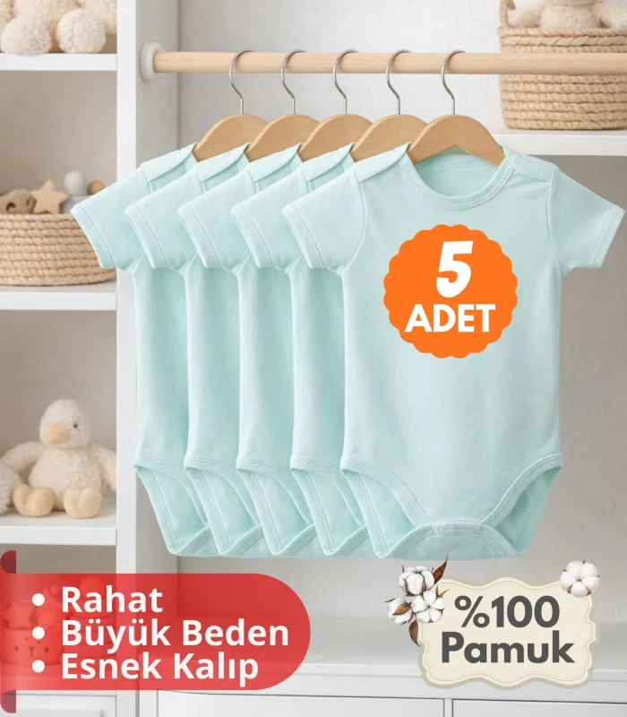 Çocuk Body Zıbın 5li Set Büyük Beden %100 Pamuk Alttan Çıtçıtlı Kısa Kol 2-12 Yaş Bebek Body Yeşil