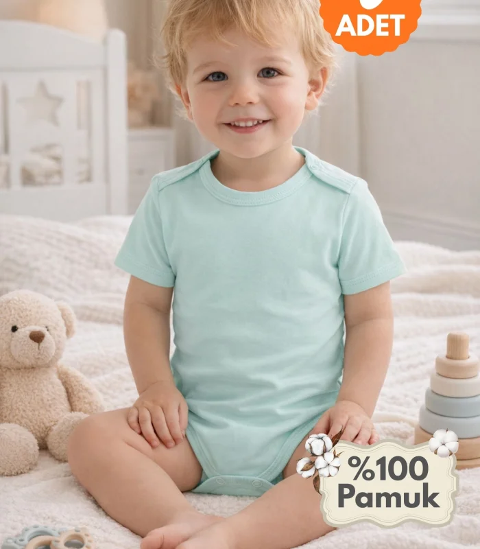 Çocuk Body Zıbın 5li Set Büyük Beden %100 Pamuk Alttan Çıtçıtlı Kısa Kol 2-12 Yaş Bebek Body Yeşil