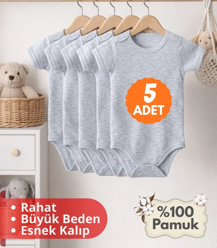 Çocuk Body Zıbın 5li Set Büyük Beden %100 Pamuk Alttan Çıtçıtlı Kısa Kol 2-12 Yaş Bebek Body Gri