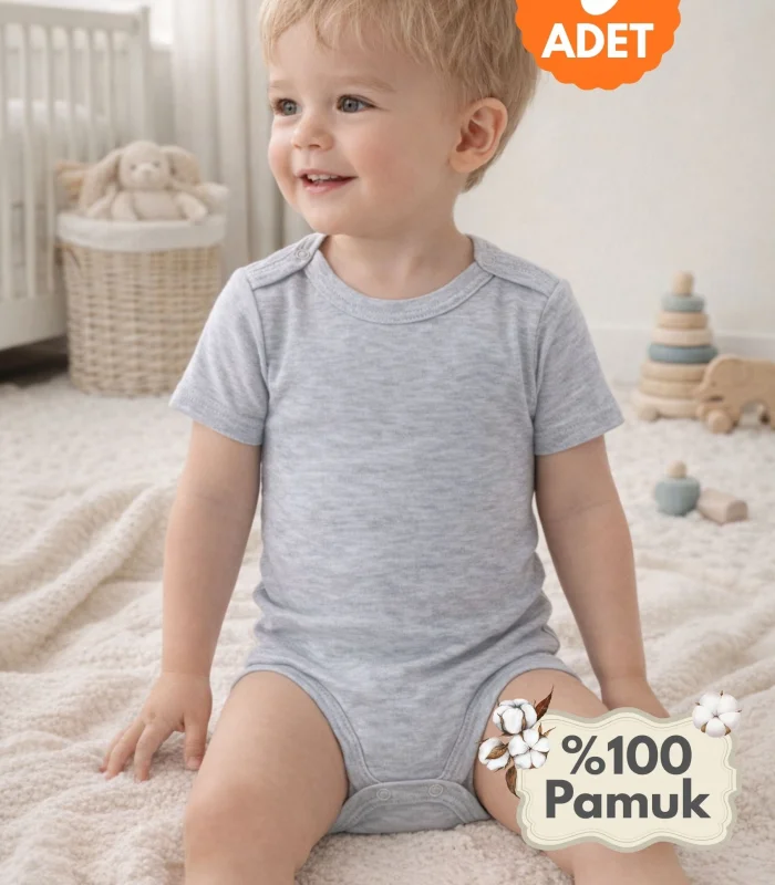Çocuk Body Zıbın 5li Set Büyük Beden %100 Pamuk Alttan Çıtçıtlı Kısa Kol 2-12 Yaş Bebek Body Gri