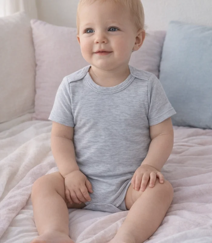 Çocuk Body Zıbın 5li Set Büyük Beden %100 Pamuk Alttan Çıtçıtlı Kısa Kol 2-12 Yaş Bebek Body Gri