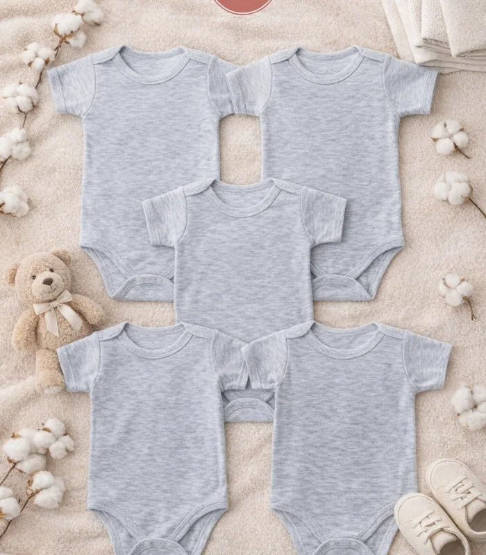 Çocuk Body Zıbın 5li Set Büyük Beden %100 Pamuk Alttan Çıtçıtlı Kısa Kol 2-12 Yaş Bebek Body Gri