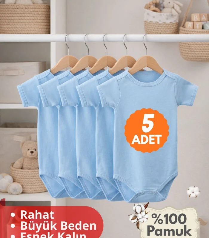 Çocuk Body Zıbın 5li Set Büyük Beden %100 Pamuk Alttan Çıtçıtlı Kısa Kol 2-12 Yaş Bebek Body Mavi