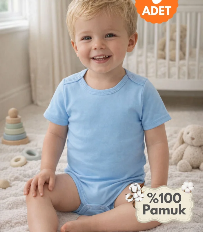 Çocuk Body Zıbın 5li Set Büyük Beden %100 Pamuk Alttan Çıtçıtlı Kısa Kol 2-12 Yaş Bebek Body Mavi