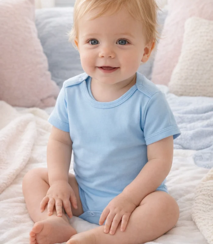 Çocuk Body Zıbın 5li Set Büyük Beden %100 Pamuk Alttan Çıtçıtlı Kısa Kol 2-12 Yaş Bebek Body Mavi