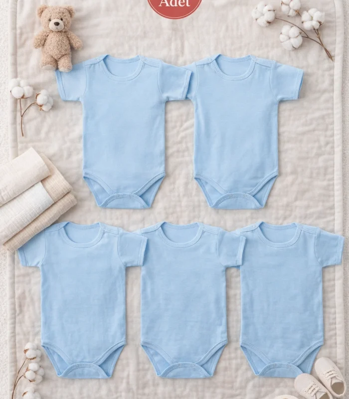 Çocuk Body Zıbın 5li Set Büyük Beden %100 Pamuk Alttan Çıtçıtlı Kısa Kol 2-12 Yaş Bebek Body Mavi