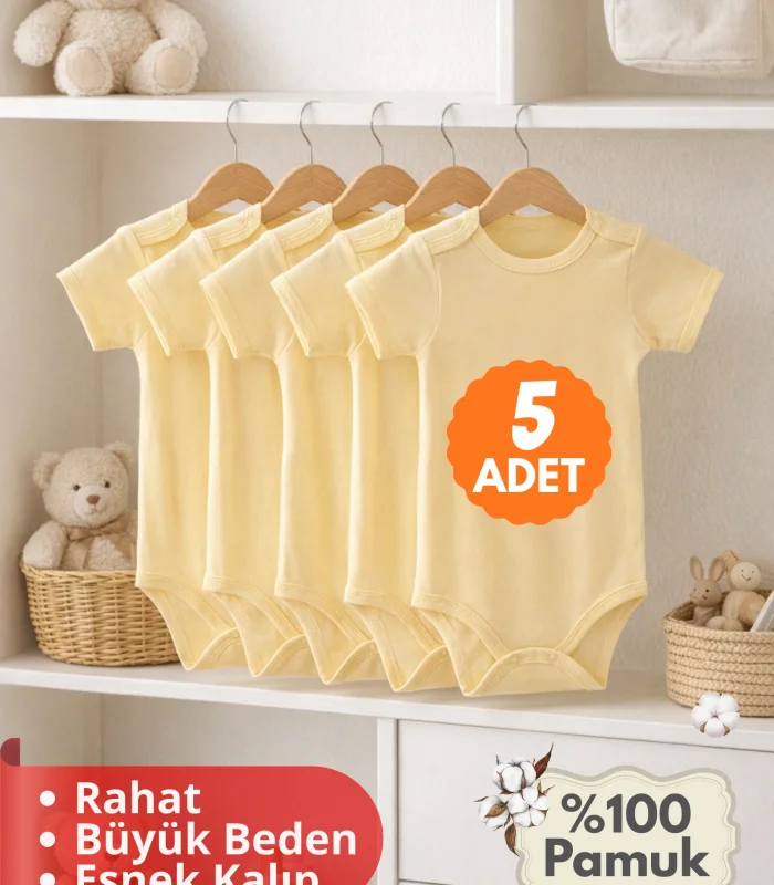 Çocuk Body Zıbın 5li Set Büyük Beden %100 Pamuk Alttan Çıtçıtlı Kısa Kol 2-12 Yaş Bebek Body Sarı