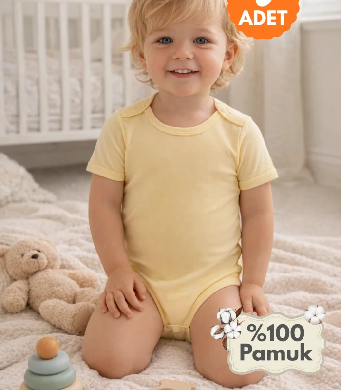 Çocuk Body Zıbın 5li Set Büyük Beden %100 Pamuk Alttan Çıtçıtlı Kısa Kol 2-12 Yaş Bebek Body Sarı