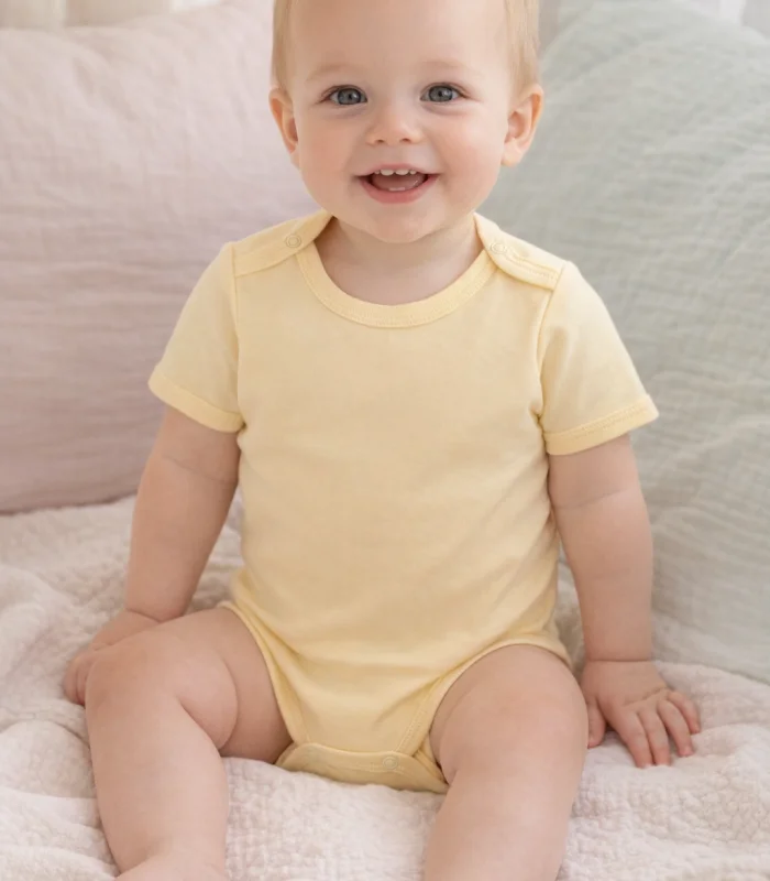 Çocuk Body Zıbın 5li Set Büyük Beden %100 Pamuk Alttan Çıtçıtlı Kısa Kol 2-12 Yaş Bebek Body Sarı