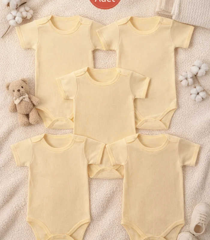Çocuk Body Zıbın 5li Set Büyük Beden %100 Pamuk Alttan Çıtçıtlı Kısa Kol 2-12 Yaş Bebek Body Sarı