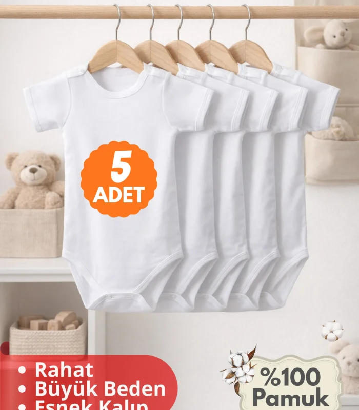 Çocuk Body Zıbın 5li Set Büyük Beden %100 Pamuk Alttan Çıtçıtlı Kısa Kol 2-12 Yaş Bebek Body Beyaz