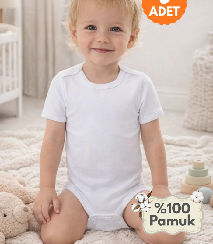 Çocuk Body Zıbın 5li Set Büyük Beden %100 Pamuk Alttan Çıtçıtlı Kısa Kol 2-12 Yaş Bebek Body Beyaz