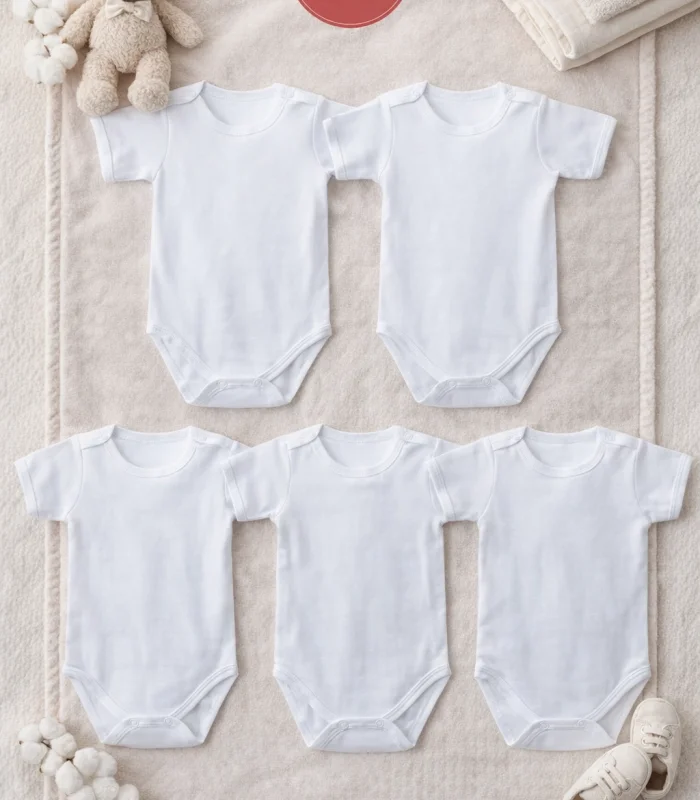 Çocuk Body Zıbın 5li Set Büyük Beden %100 Pamuk Alttan Çıtçıtlı Kısa Kol 2-12 Yaş Bebek Body Beyaz