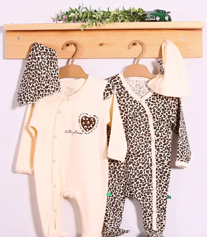 Açık Kahve Leopar Desenli Kız Bebek 4lü Tulum Seti