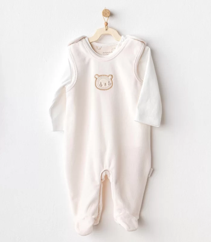 Andywawa AC25185 Bear Time Kadife Bebek Tulum Takım Ekru