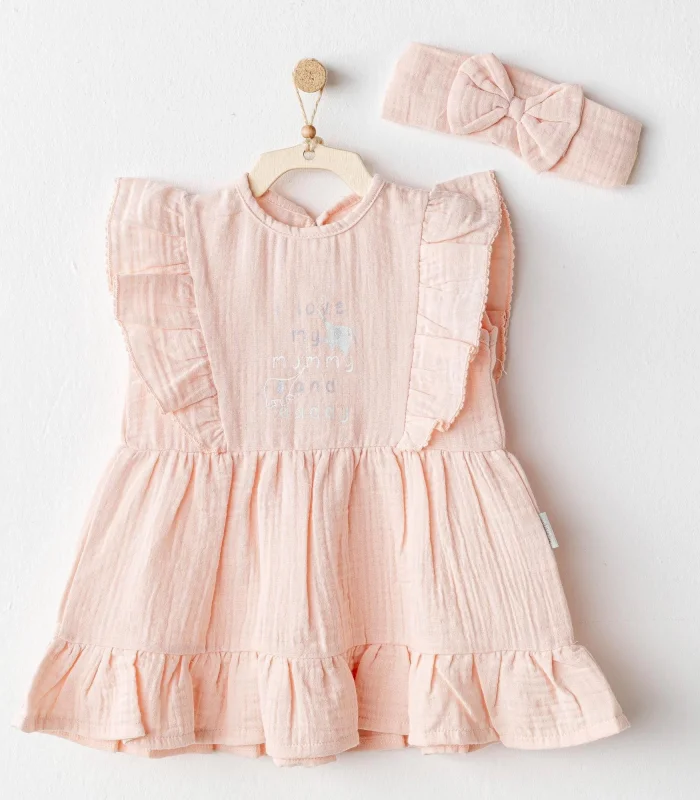 Andywawa Ac25521 Love Family Müslin Bebek Elbise Takım Salmon
