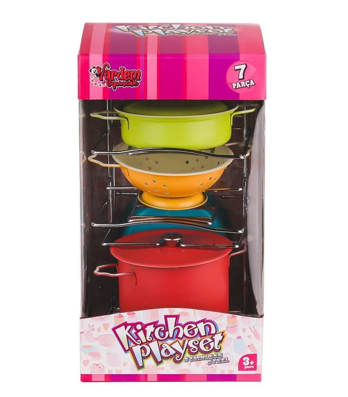 ATF-683G-5 Renkli Raflı Emaye Tencere Tava  Seti 7 Parça -Vardem Oyuncak