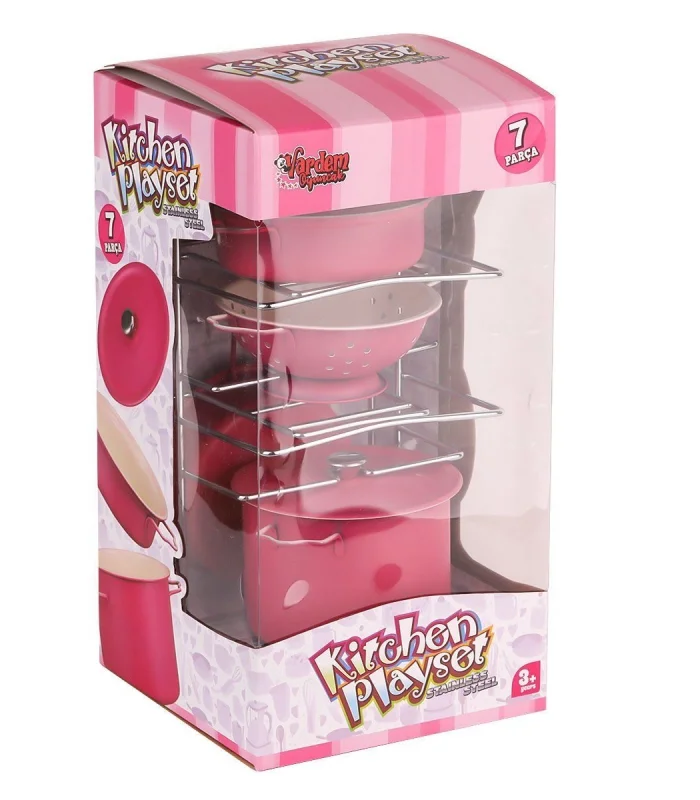 ATF-683G-6 Raflı Pembe Emaye Tencere Tava Seti 7 Parça -Vardem