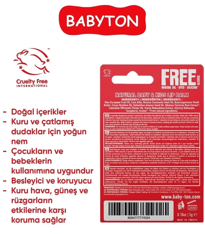 Babyton Bebek Ve Çocuklar İçin Doğal Dudak Koruyucu Balm Çilek