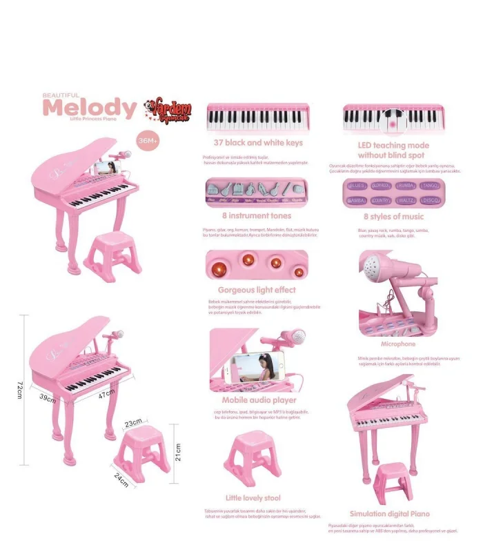 BAO-1403 0213  Mikrofonlu 37 Tuşlu Mp3 Çalar Büyük Pembe Piyano