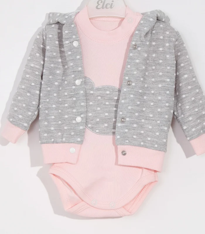 Bear Nakışlı Puanlı Pamuklu 2li Kız Bebek Takımı