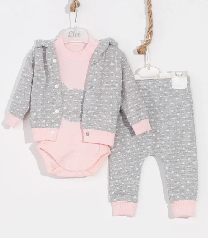 Bear Nakışlı Puanlı Pamuklu 2li Kız Bebek Takımı