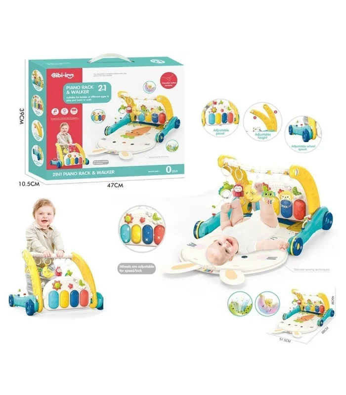 BIB6015 -Vardem Piyanolu 2 in 1 Bebek Yürüteci ve Tavşan Desenli Mavi Oyun Halısı