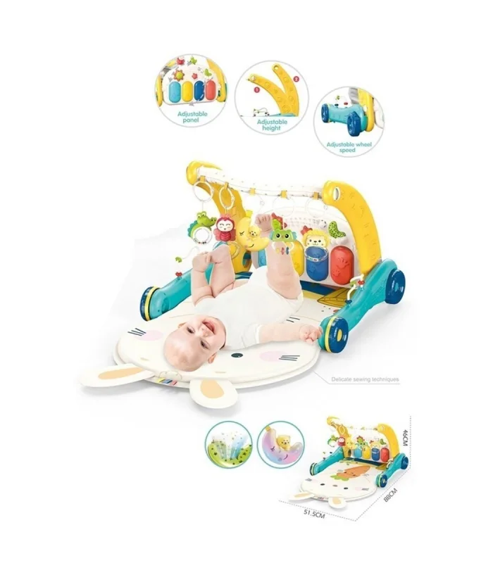 BIB6015 -Vardem Piyanolu 2 in 1 Bebek Yürüteci ve Tavşan Desenli Mavi Oyun Halısı