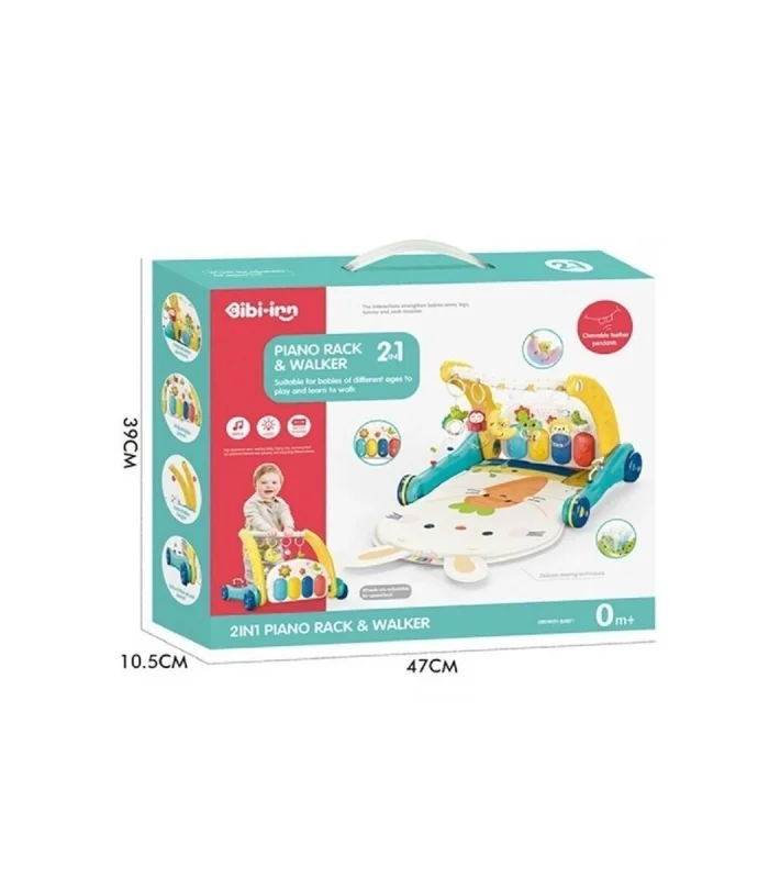 BIB6015 -Vardem Piyanolu 2 in 1 Bebek Yürüteci ve Tavşan Desenli Mavi Oyun Halısı