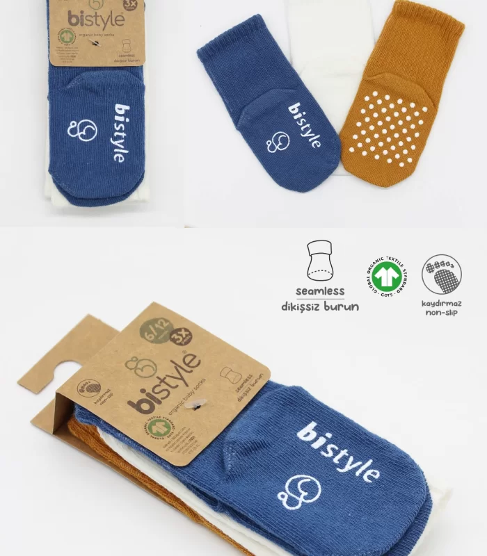 Bistyle Basic Kaymaz Penye Soket Çorap 3Lü BS10106 İndigo Ekru Hardal