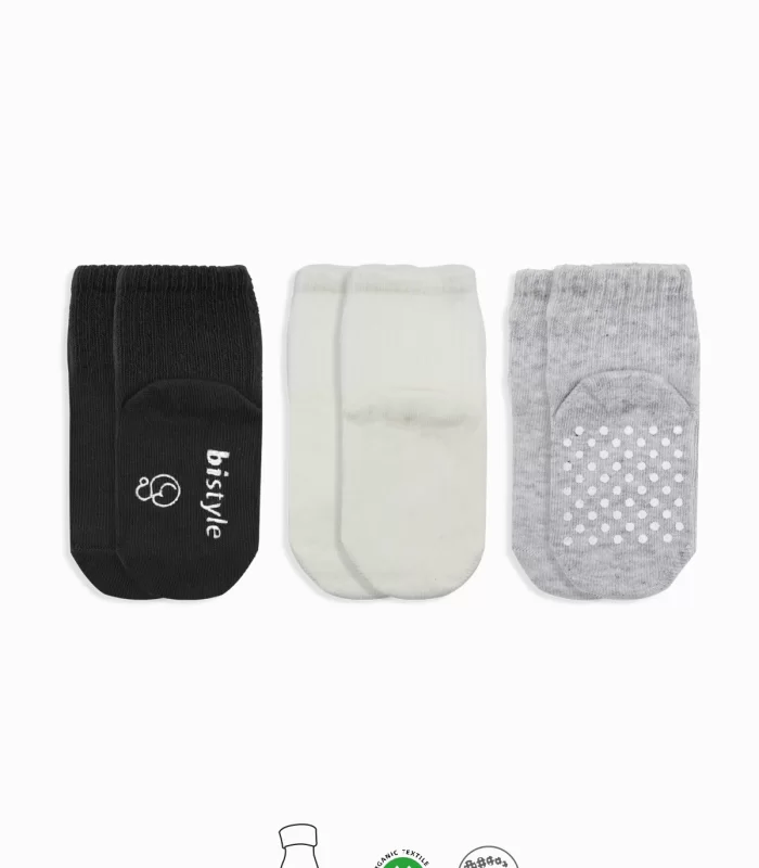 Bistyle Basic Kaymaz Penye Soket Çorap 3Lü BS10106 Siyah Ekru Gri