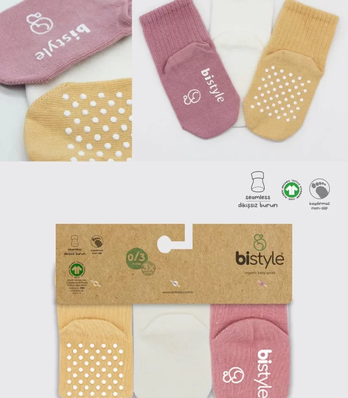 Bistyle Basic Kaymaz Penye Soket Çorap 3lü Bs10107 Pudra Ekru Somon