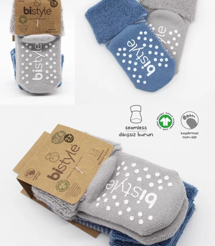 Bistyle Çemberli Kaymaz Havlu Soket Çorap 2Li BS10503 İndigo Gri