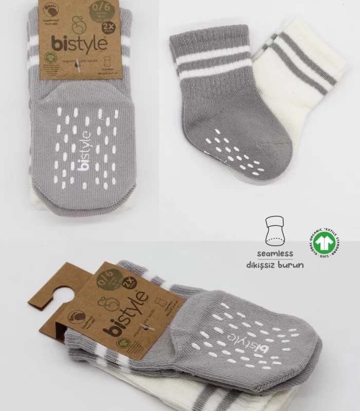 Bistyle Çemberli Kaymaz Soket Çorap 2Li BS10125 Gri Ekru